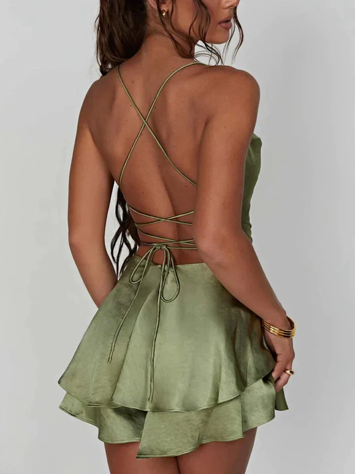 Emmy | Kruz en quer Teppich Spaghetti-Träger Mini-Satin-Kleid - Image 4
