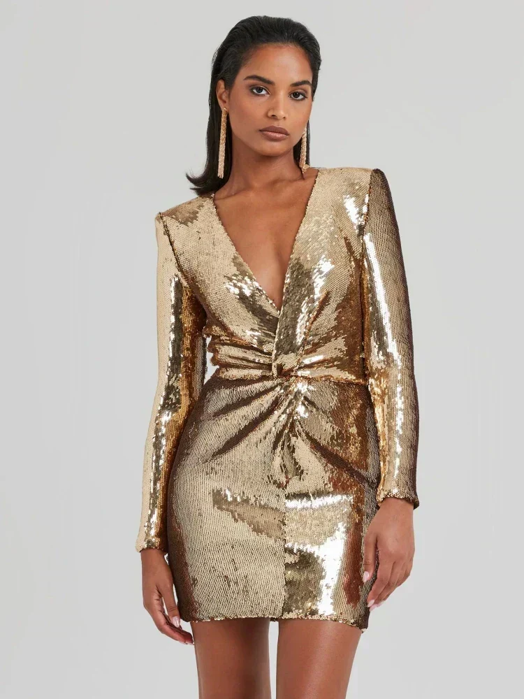 Hanna| Pailletten Lange Ärmel Plissee Mini Kleid