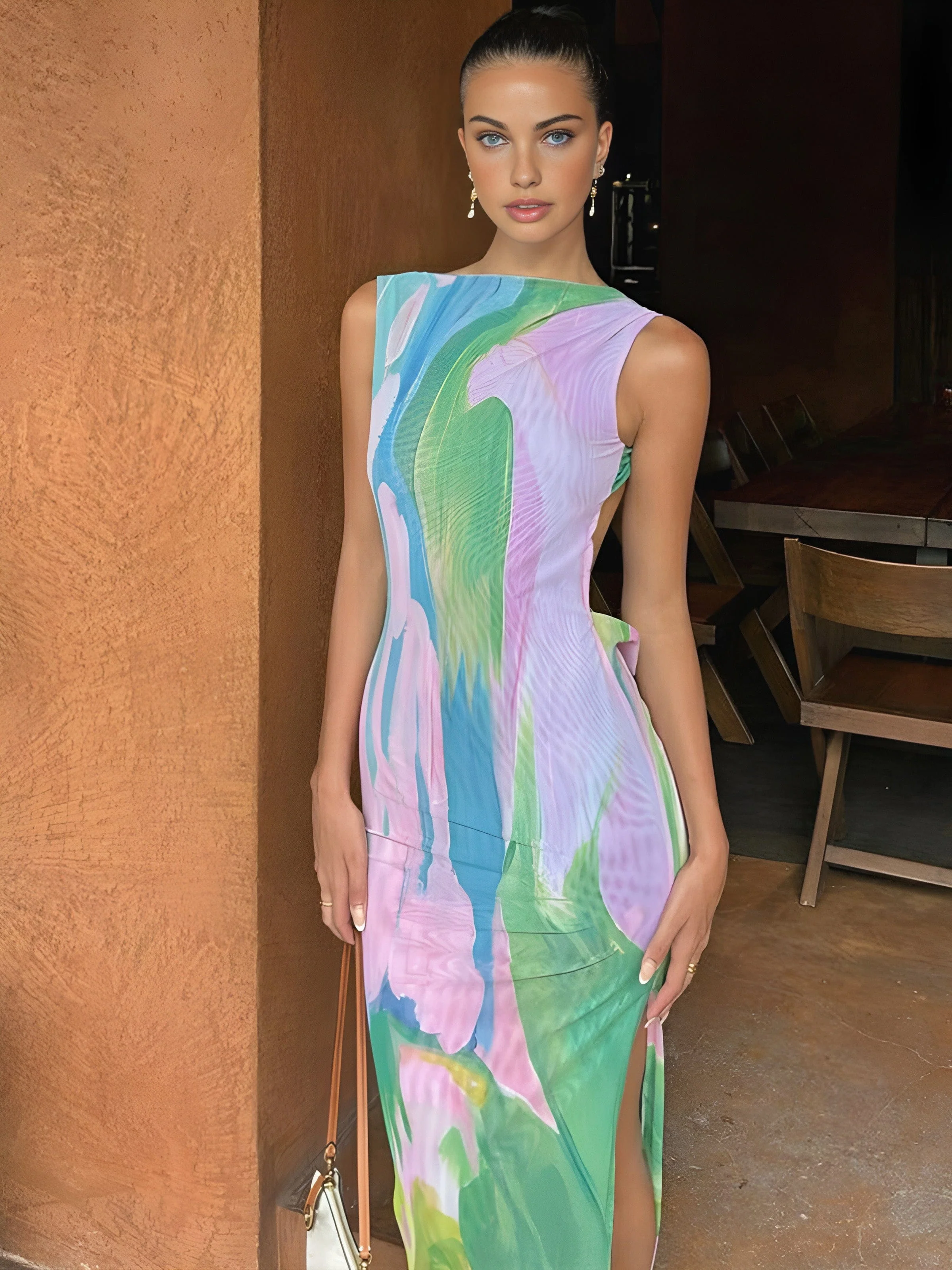 Isla | Ärmelloses Maxikleid mit Aquarelldruck – Künstlerische Eleganz