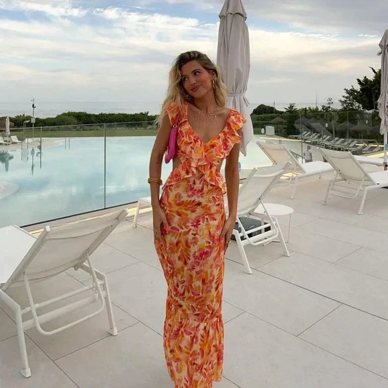 Maxi-Kleid mit Rüschen und Blumenmuster – stilvoller Sommerlook mit femininer Note