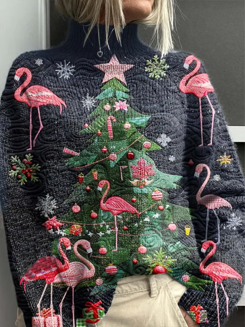 Mila - Weihnachtspullover mit Flamingos und Weihnachtsbaum